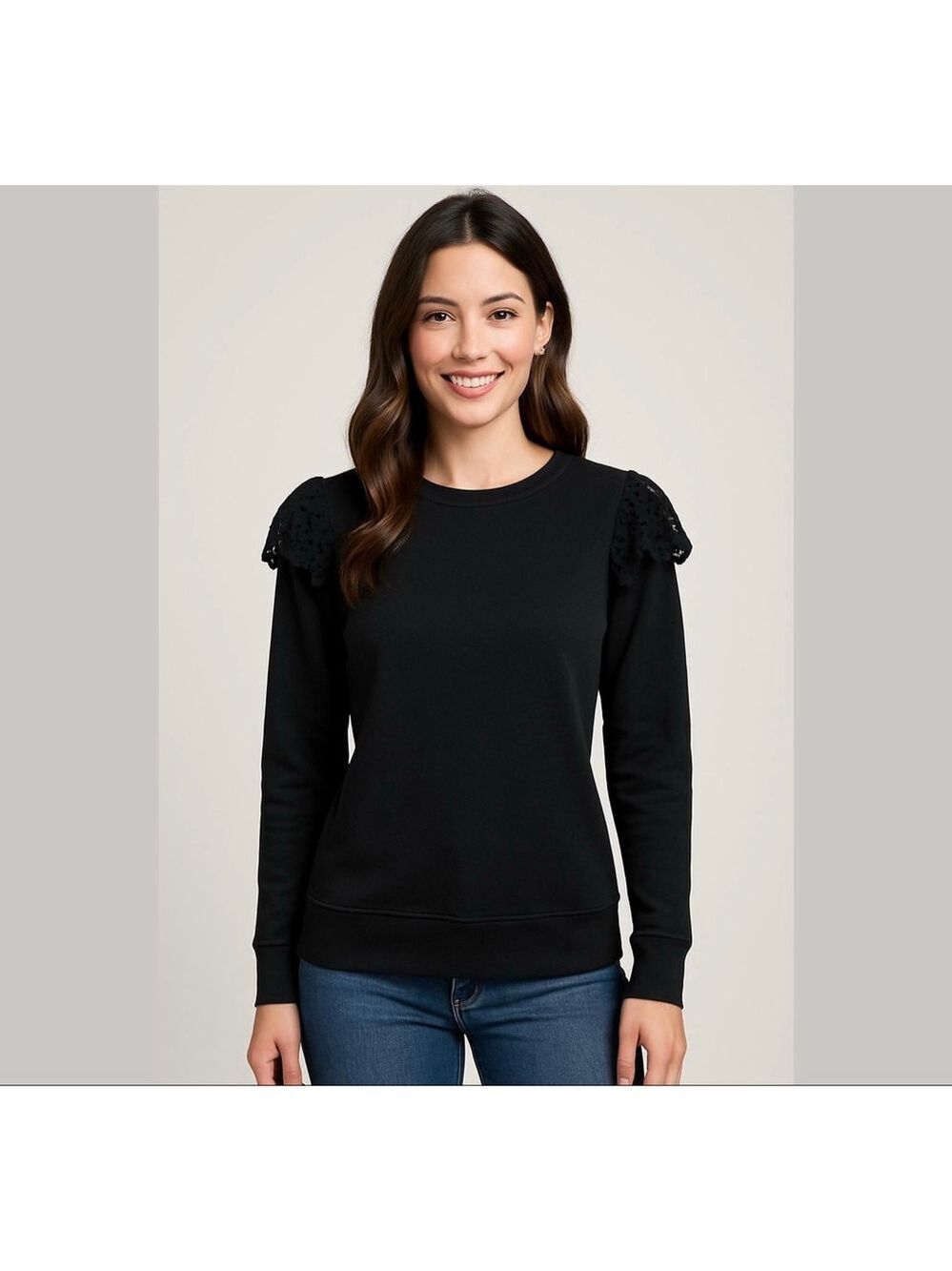 BOBEAU - cotton sweatshirt black crochet shoulder Ruffles detail Sz Small
